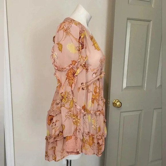 Anthropologie Sheer Ruffled Pink Combo Henley Style Button Front Tunic Top(S) - Picture 4 of 11
